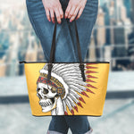 Native American Indian Skull Print Leather Tote Bag