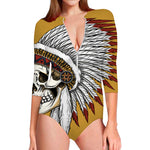 Native American Indian Skull Print Long Sleeve Swimsuit