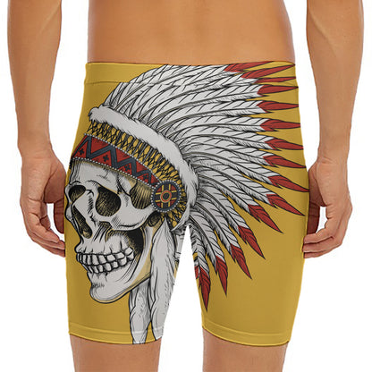 Native American Indian Skull Print Men's Long Boxer Briefs