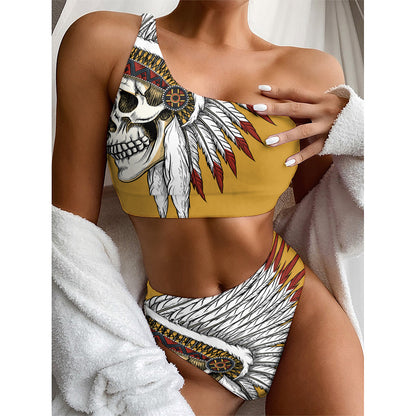 Native American Indian Skull Print One Shoulder Bikini Top