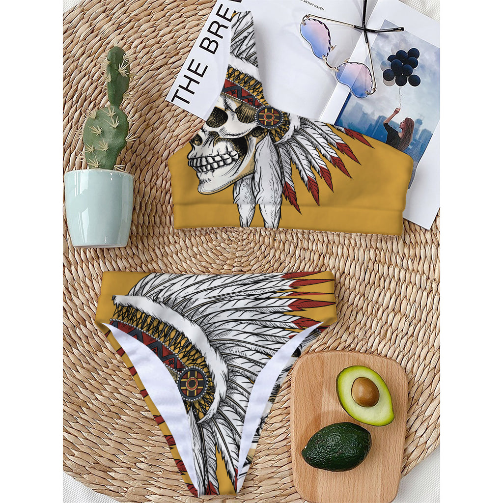Native American Indian Skull Print One Shoulder Bikini Top