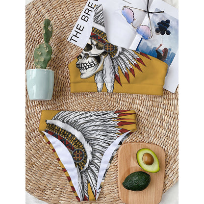 Native American Indian Skull Print One Shoulder Bikini Top