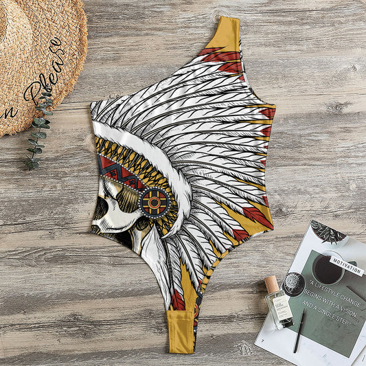 Native American Indian Skull Print One Shoulder Bodysuit