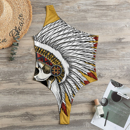 Native American Indian Skull Print One Shoulder Bodysuit
