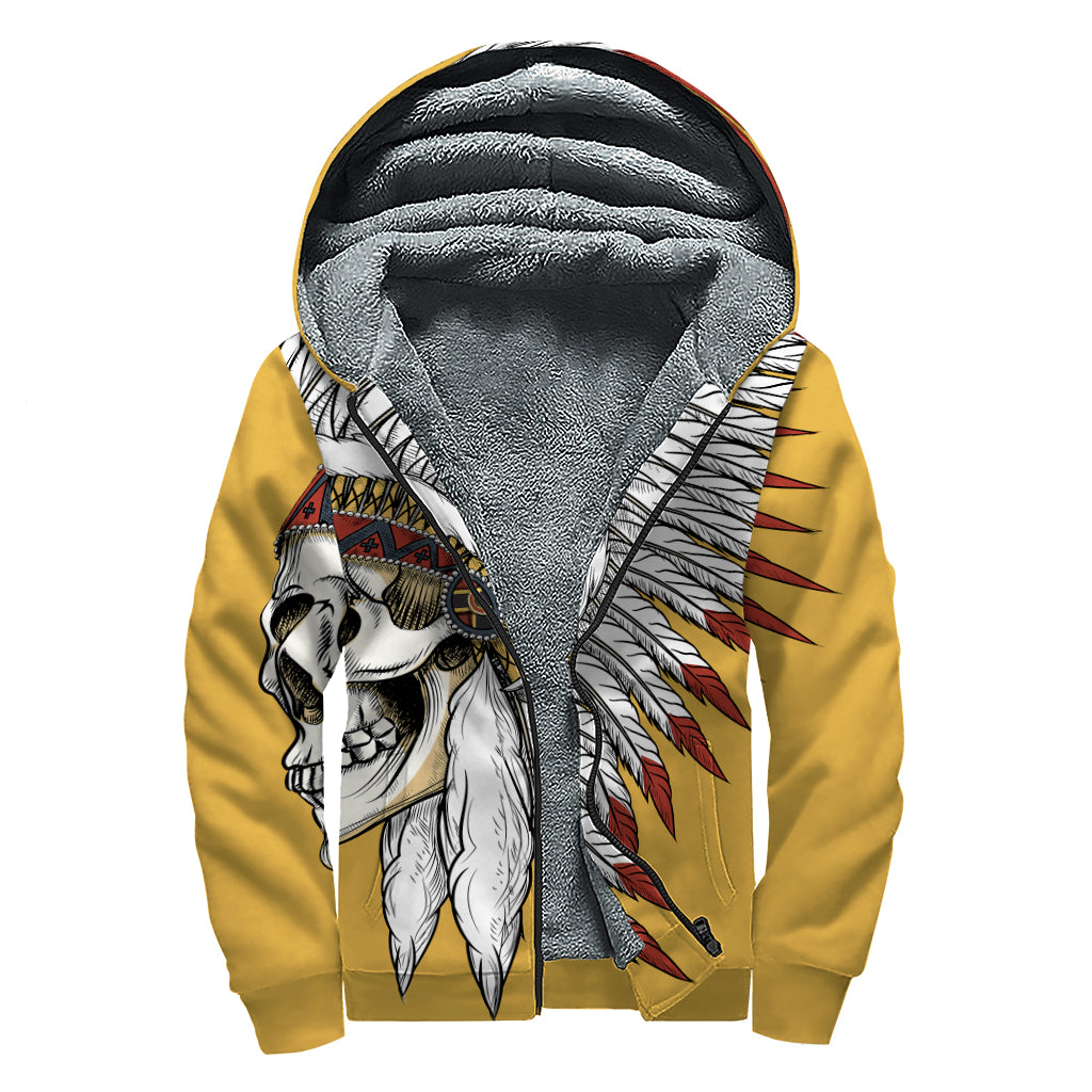Native American Indian Skull Print Sherpa Lined Zip Up Hoodie