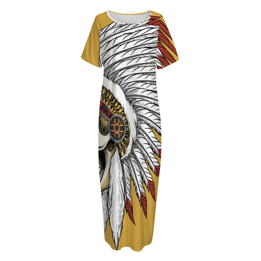 Native American Indian Skull Print Short Sleeve Long Nightdress
