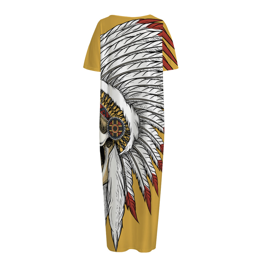 Native American Indian Skull Print Short Sleeve Long Nightdress