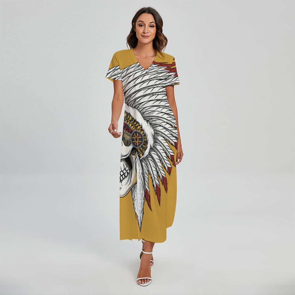 Native American Indian Skull Print Short Sleeve Maxi Dress