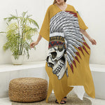 Native American Indian Skull Print Silk V-Neck Kaftan Dress
