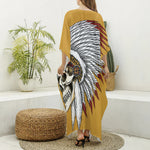Native American Indian Skull Print Silk V-Neck Kaftan Dress