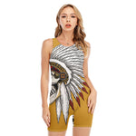 Native American Indian Skull Print Sleeveless One Piece Swimsuit