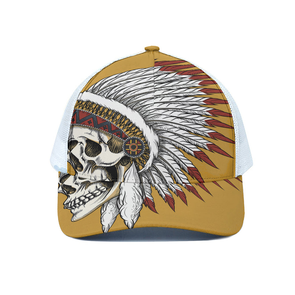 Native American Indian Skull Print White Mesh Trucker Cap