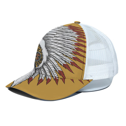Native American Indian Skull Print White Mesh Trucker Cap