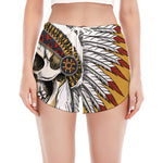 Native American Indian Skull Print Women's Split Running Shorts