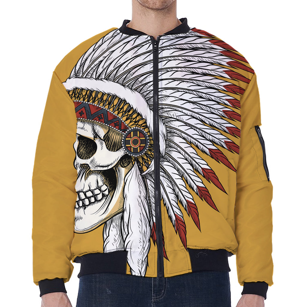 Native American Indian Skull Print Zip Sleeve Bomber Jacket