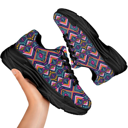 Native American Navajo Tribal Print Black Chunky Shoes