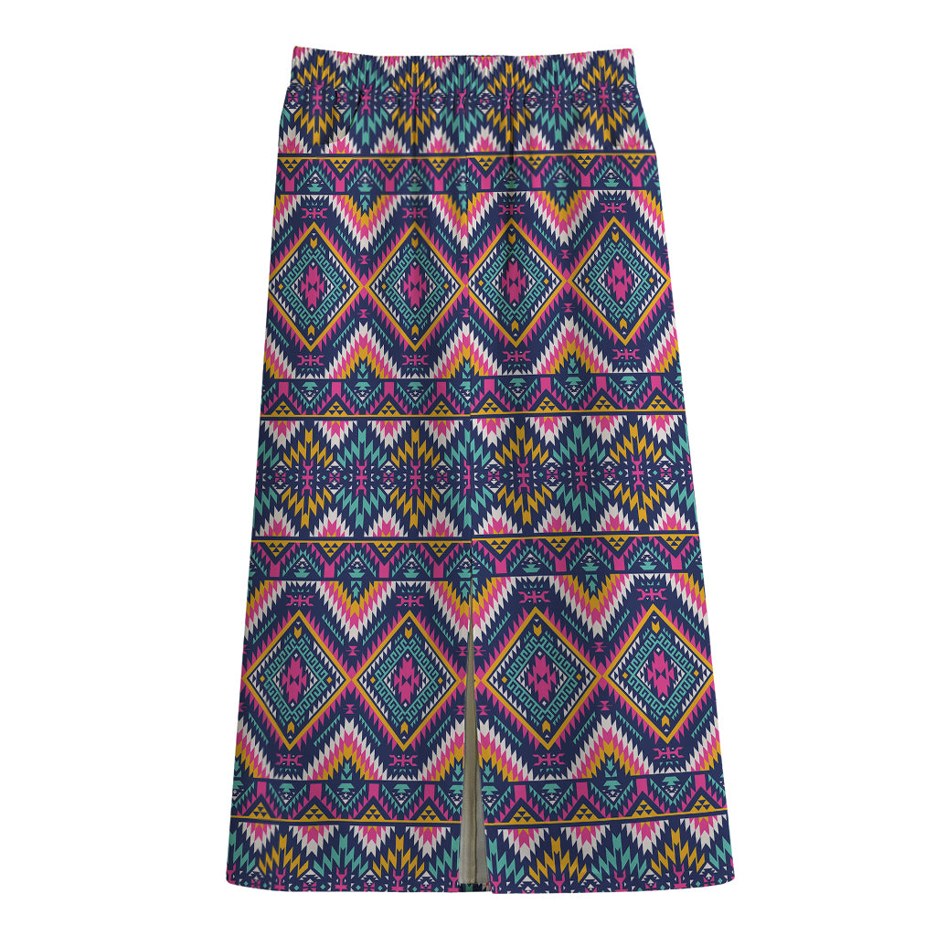 Native American Navajo Tribal Print Cotton Front Slit Maxi Skirt