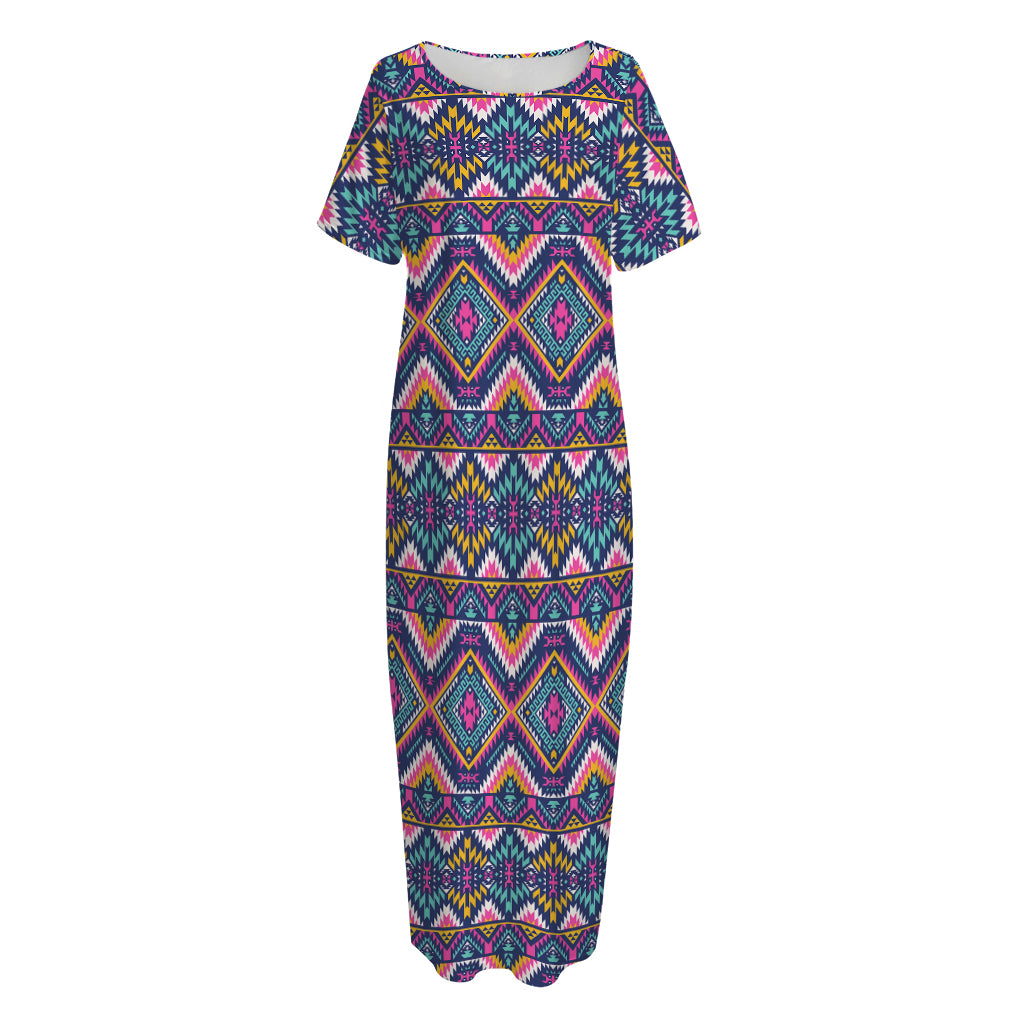 Native American Navajo Tribal Print Short Sleeve Long Nightdress
