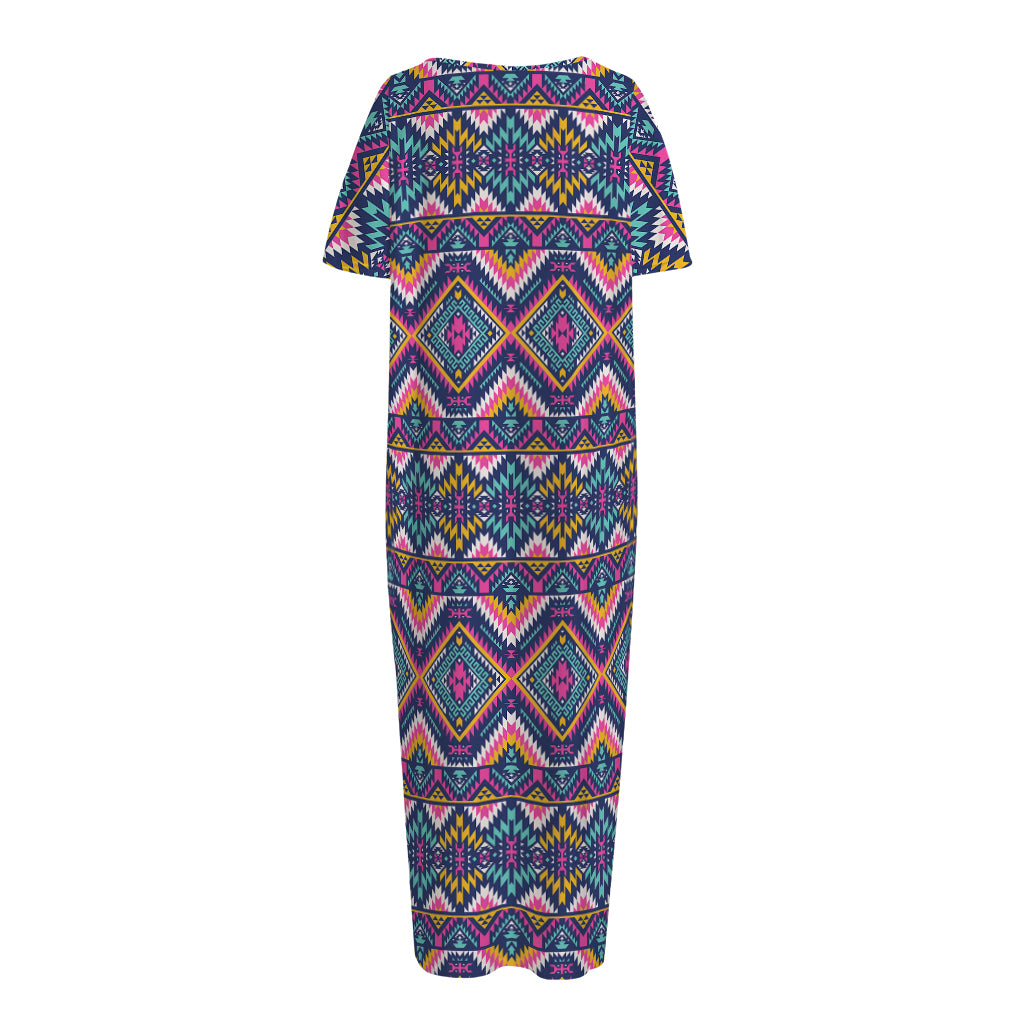 Native American Navajo Tribal Print Short Sleeve Long Nightdress