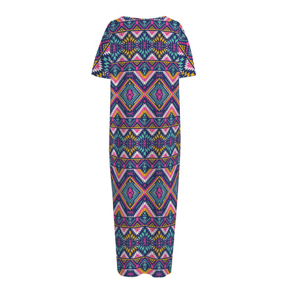 Native American Navajo Tribal Print Short Sleeve Long Nightdress
