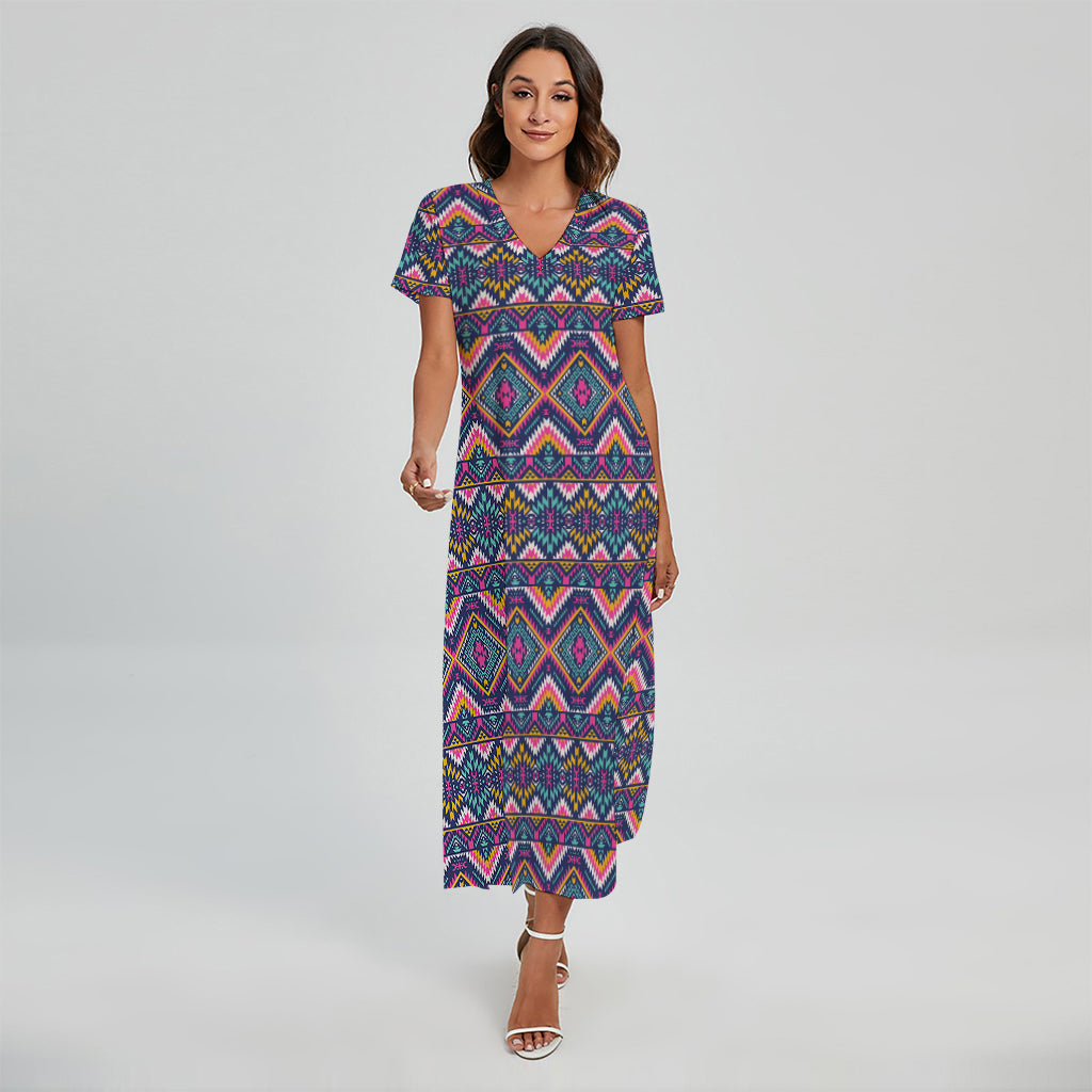 Native American Navajo Tribal Print Short Sleeve Maxi Dress