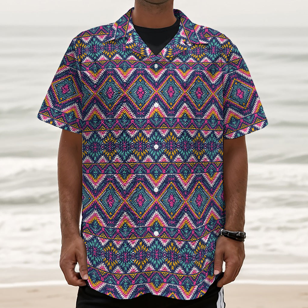 Native American Navajo Tribal Print Textured Short Sleeve Shirt