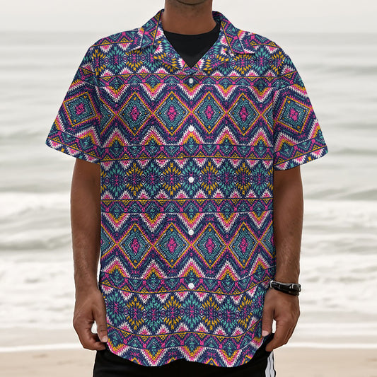 Native American Navajo Tribal Print Textured Short Sleeve Shirt