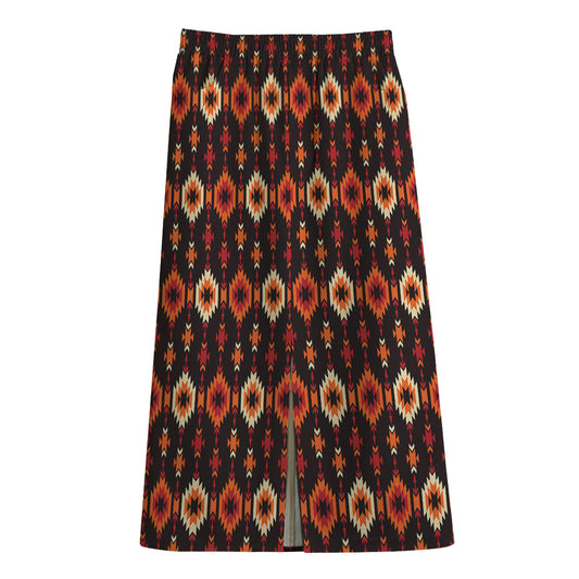 Native American Pattern Print Cotton Front Slit Maxi Skirt