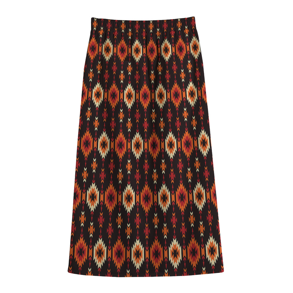 Native American Pattern Print Cotton Front Slit Maxi Skirt