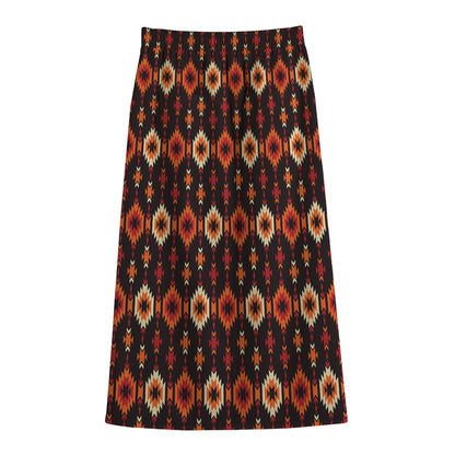 Native American Pattern Print Cotton Front Slit Maxi Skirt
