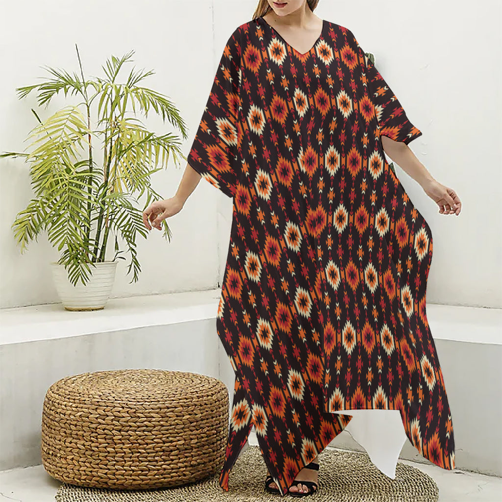 Native American Pattern Print Silk V-Neck Kaftan Dress