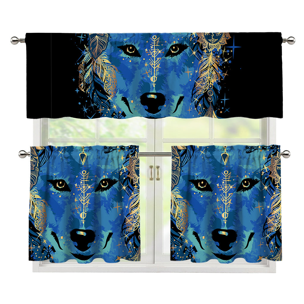 Native American Spiritual Wolf Print 3 Piece Kitchen Curtains