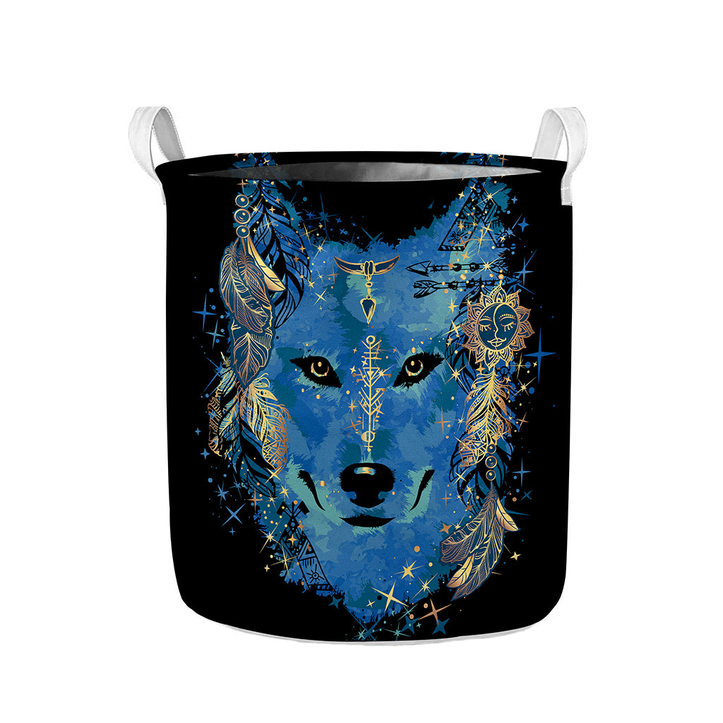 Native American Spiritual Wolf Print Collapsible Laundry Basket