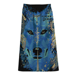Native American Spiritual Wolf Print Cotton Front Slit Maxi Skirt
