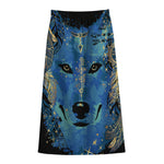 Native American Spiritual Wolf Print Cotton Front Slit Maxi Skirt