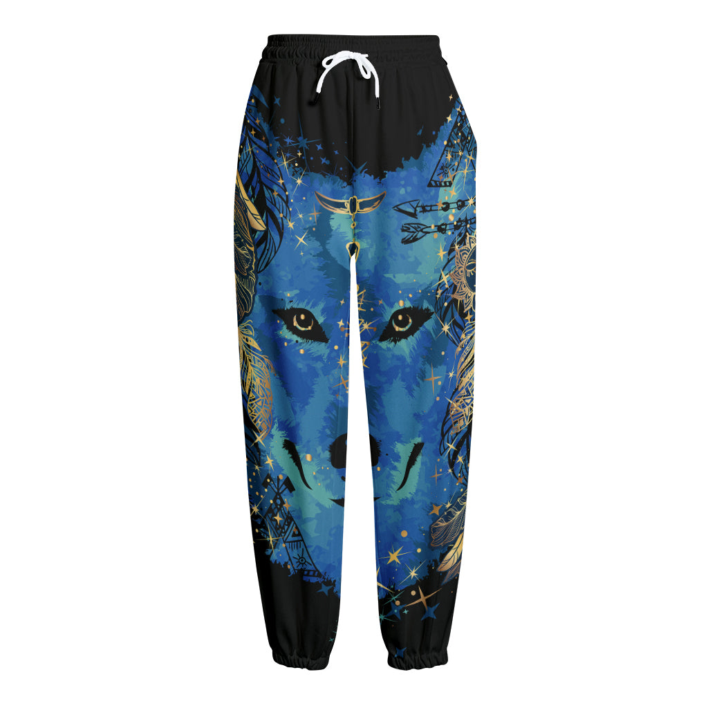 Native American Spiritual Wolf Print Fleece Lined Knit Pants