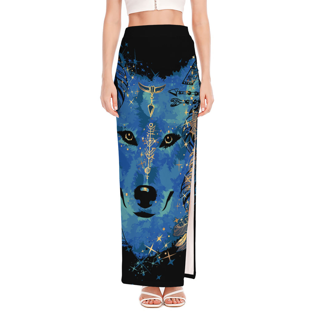 Native American Spiritual Wolf Print High Slit Maxi Skirt