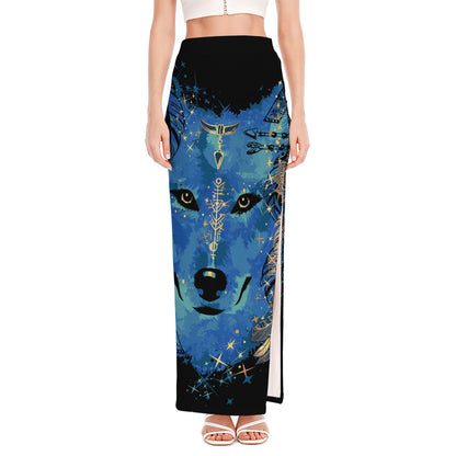 Native American Spiritual Wolf Print High Slit Maxi Skirt