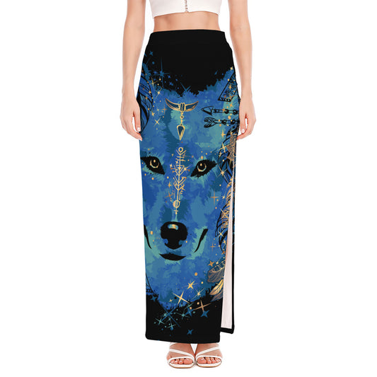 Native American Spiritual Wolf Print High Slit Maxi Skirt