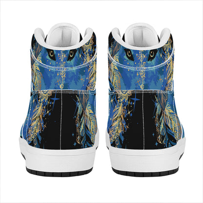 Native American Spiritual Wolf Print High Top Leather Sneakers