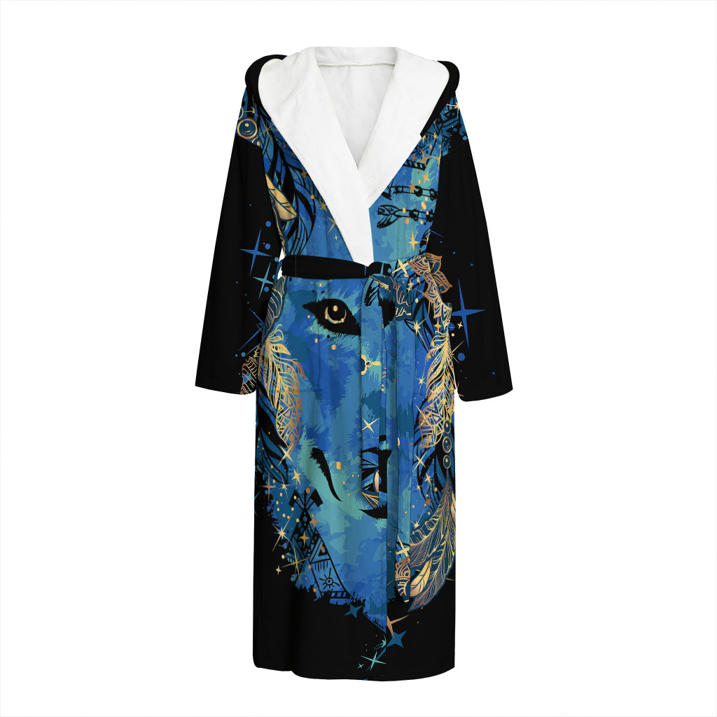 Native American Spiritual Wolf Print Hooded Bathrobe