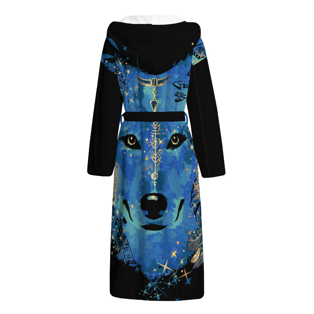 Native American Spiritual Wolf Print Hooded Bathrobe