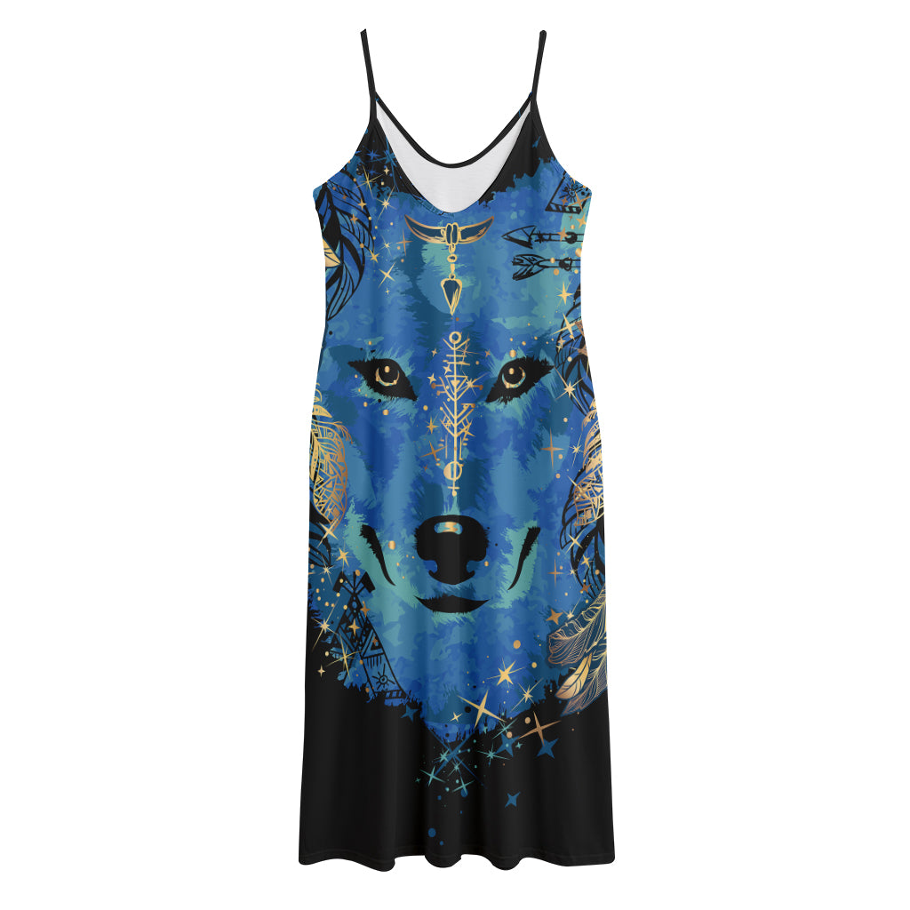 Native American Spiritual Wolf Print Jersey Midi Cami Dress
