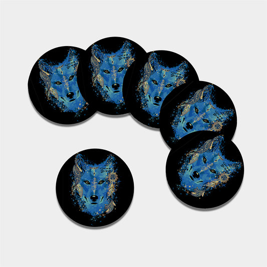 Native American Spiritual Wolf Print Leather Coaster Set