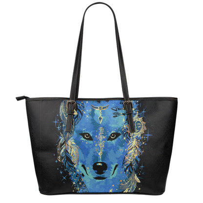 Native American Spiritual Wolf Print Leather Tote Bag