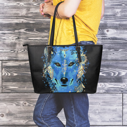 Native American Spiritual Wolf Print Leather Tote Bag