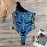 Native American Spiritual Wolf Print One Shoulder Bodysuit