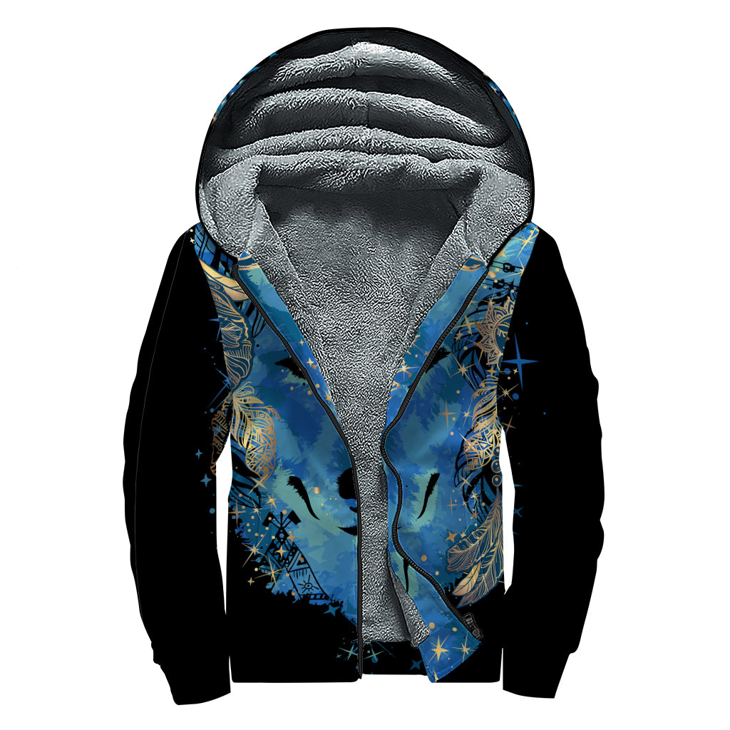 Native American Spiritual Wolf Print Sherpa Lined Zip Up Hoodie
