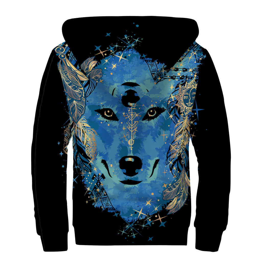 Native American Spiritual Wolf Print Sherpa Lined Zip Up Hoodie