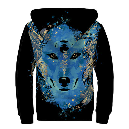 Native American Spiritual Wolf Print Sherpa Lined Zip Up Hoodie